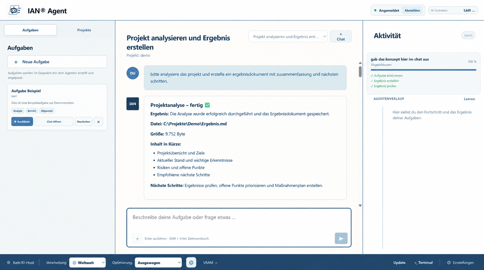 Aktuelle Oberfläche von IAN® Agent mit Aufgaben, Chat und Aktivitätsanzeige