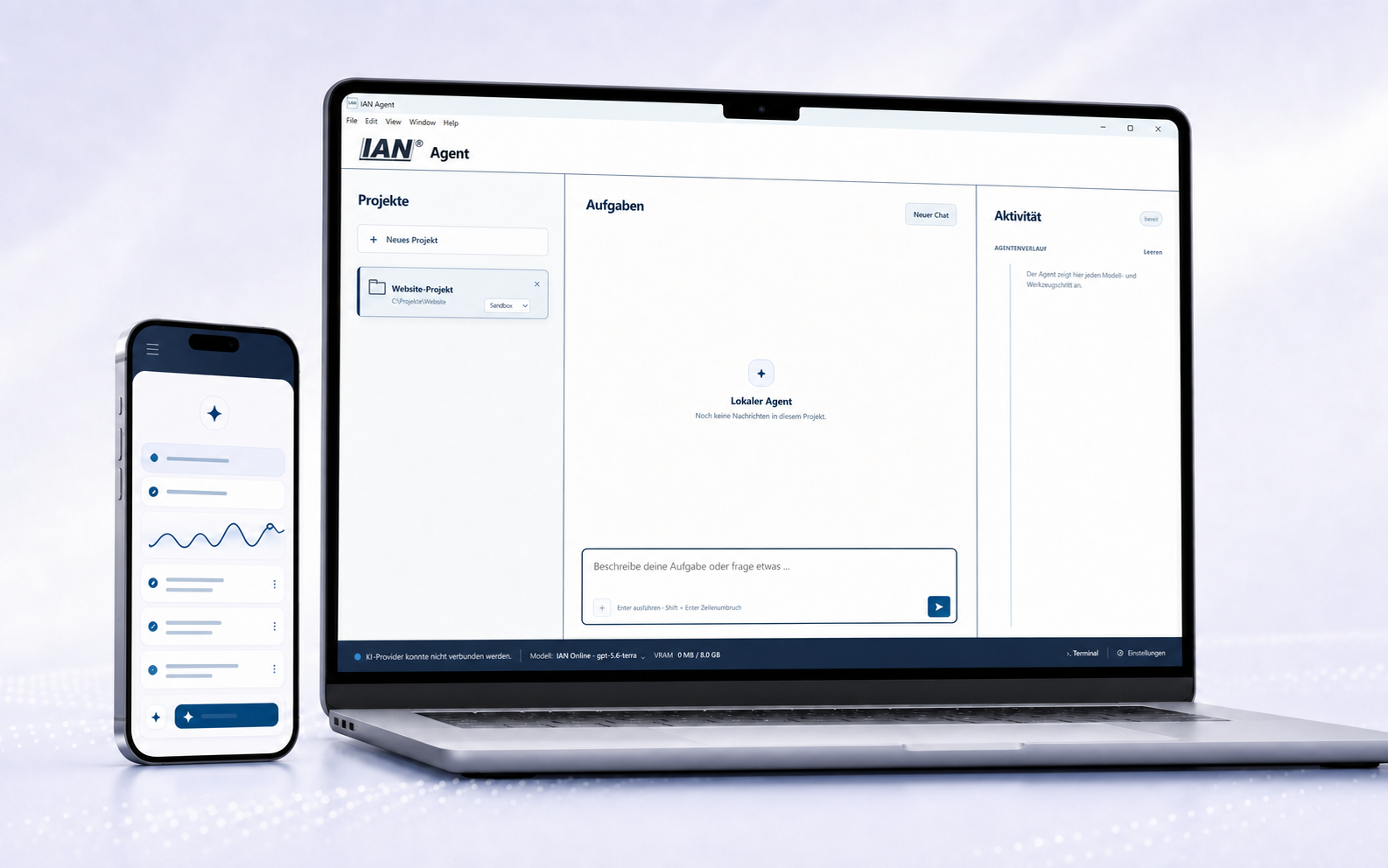 IAN® Agent App mit Projekten, Aufgaben und Aktivitätsverlauf