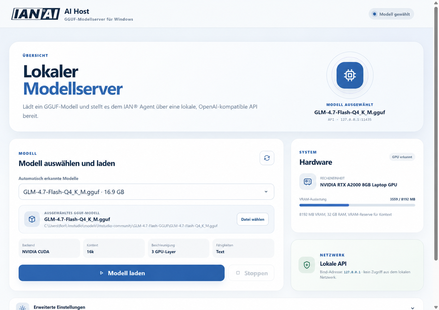 IAN® AI Host mit lokaler Modellauswahl, Hardware-Erkennung und Datenschutzstatus